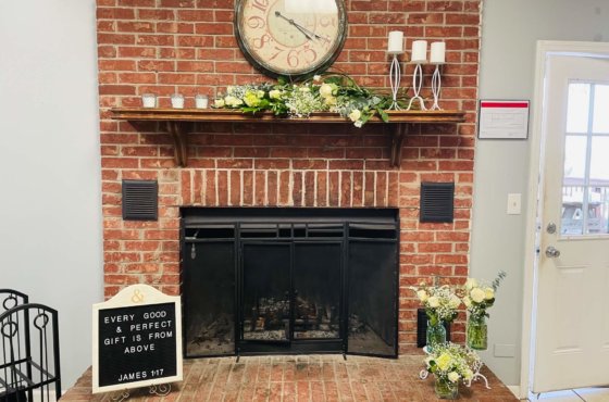 Decorated fireplace for a private event in the clubhouse at Sunrise Cove Marina in Gainesville, Georgia.